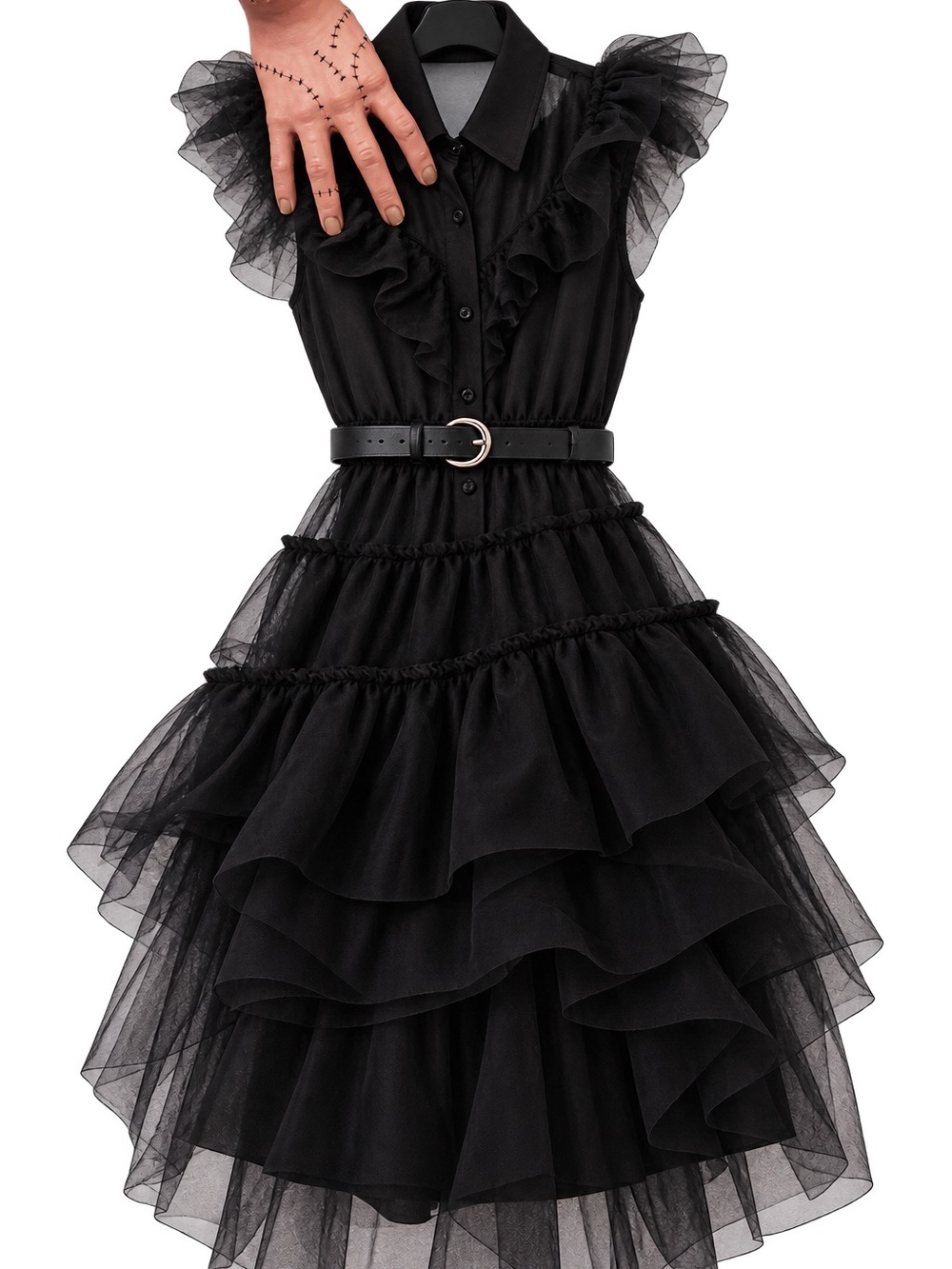 Black Ruffled Tulle Kids Halloween Costume Dress with Belt